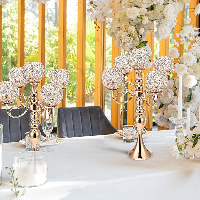 2 Pack 5 Arm Crystal Candelabra Centerpieces 21.5 Inch Tall Candle Holder Table Candelabra Stand with Crystal Candle Holder Bowl for Home Wedding Anniversary Dinner Party Table Decoration (Gold)
