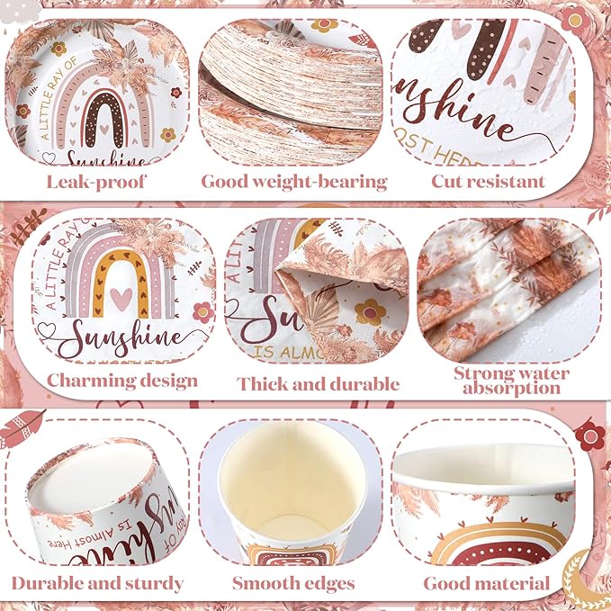 Hsei 250 Pcs Boho Plates and Napkins Party Decorations Disposable Tableware Sets Baby Shower Birthday Party Supplies Serves 50 Guests Dinnerware Bridal Baby Shower Favors