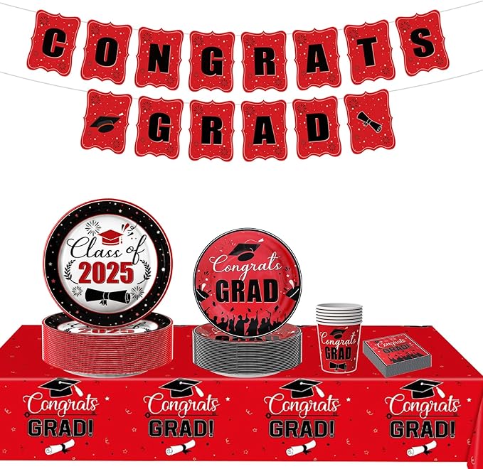 126PCS Graduation Party Decorations of Class 2025 - Including Disposable Paper Plates, Congratulation Banner, Tablecloth, Cups & Napkins for graduation party Supplies