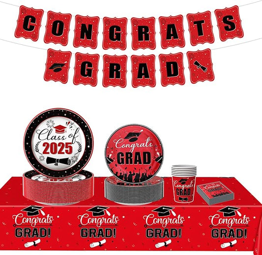 126PCS Graduation Party Decorations of Class 2025 - Including Disposable Paper Plates, Congratulation Banner, Tablecloth, Cups & Napkins for graduation party Supplies