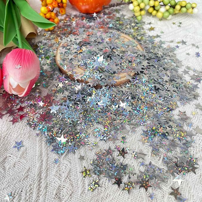 60g Star Confetti Glitter Star Table Confetti, Metallic Foil Star Glitter, Table Decorations for Party Wedding birthday graduation Decorations(Glitter Silver Set, 10mm and 6mm)