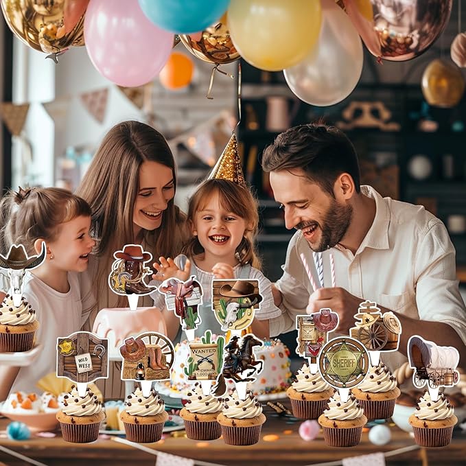 24 PCS Western Cowboy Happy Birthday Cupcake Toppers Wild West Theme Party Decorations Cake Decor Cupcak Decorations Cake Decorating Party Supplies Decor for Baby Shower Men Women Boys Girls