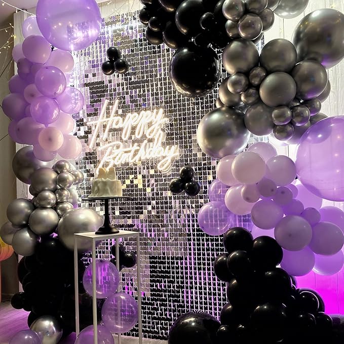 50pcs Purple & Black Balloons - 12in Metallic Silver, Black with Ribbons & Confetti for Halloween, Birthdays, Anniversaries & Graduations