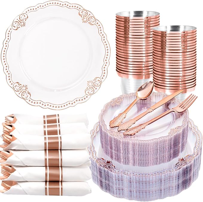Ciaell 350 PCS Rose Gold Plastic Plates - Rose Gold Disposable Plates Dinnerware Include 50 Disposable Plate, 50 Heavy Duty Silverware, 50 Cups, 50 Napkins for Wedding & Party & Anniversary