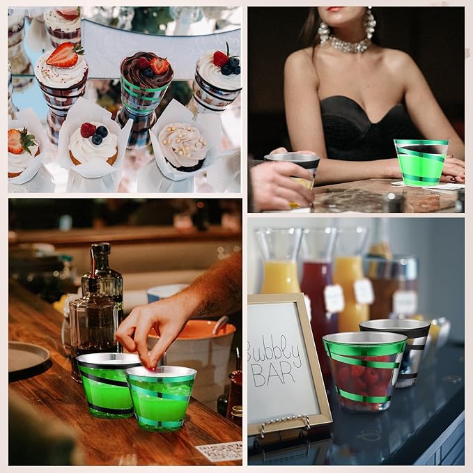 Gejoy 9 oz Rimmed Swirl Plastic Cups Disposable Wine Drinking Cups Clear Elegant Halloween Tumblers for Christmas Party Supplies(Black，green,100 Pcs)