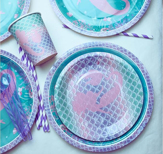 Mermaid Birthday Party Supplies for Girls – 102 PCS Mermaid Party Decorations Set for 16 Guests, Includes Plates, Cups, Napkins, Cutlery, Tablecloth, Banner – Under the Sea / Ocean Theme Baby Shower