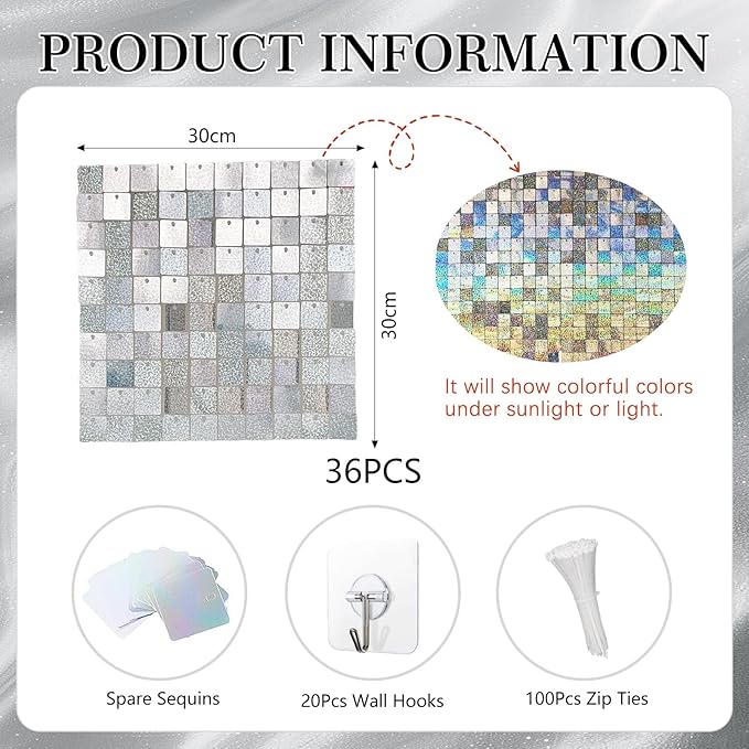 36 PCS Silver Shimmer Wall Backdrop, Laser Square Sequin Photo Backdrops Panel, Glitter Wall Background for Birthdays, Weddings, Halloween, Engagements, Disco Bachelorette Party Decoration (6FTx6FT)