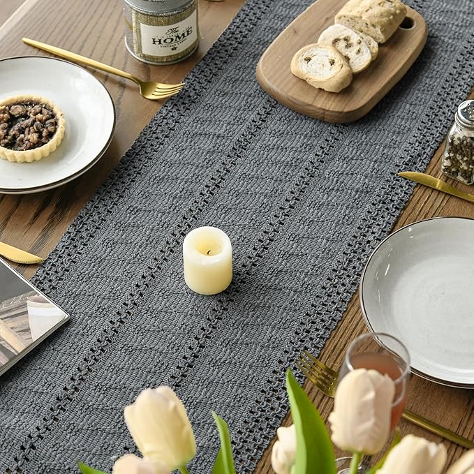 Artoid Mode Dark Grey Farmhouse Woven Rustic Hollow Table Runner, Seasonal Holiday Hollow Kitchen Dining Table Decoration for Home Party Decor 12x108 Inch