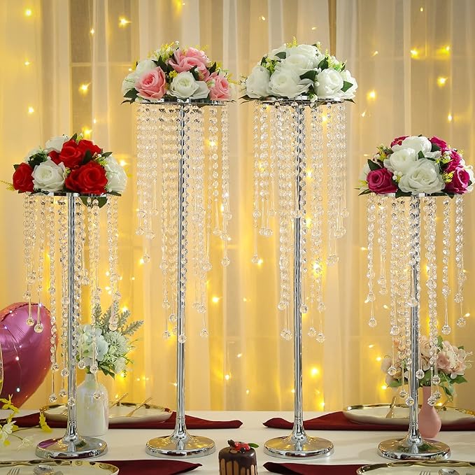 10 Pcs Wedding Centerpieces Vase, 21.6" Silver Metal Flower Holders Centerpiece Vase with Chandelier Crystal,for Reception Tables Décor Wedding Anniversary Party Events