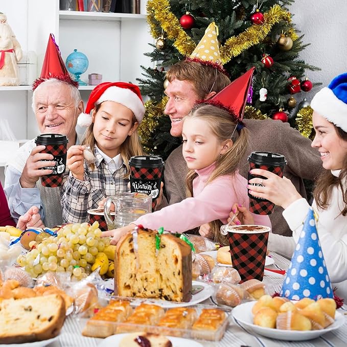 60 Pcs Christmas Buffalo Plaid Coffee Cups Christmas Paper Cups Disposable with Lids Sleeves and Stirrers 16 oz for Winter Christmas Hot Cocoa Party Supplies