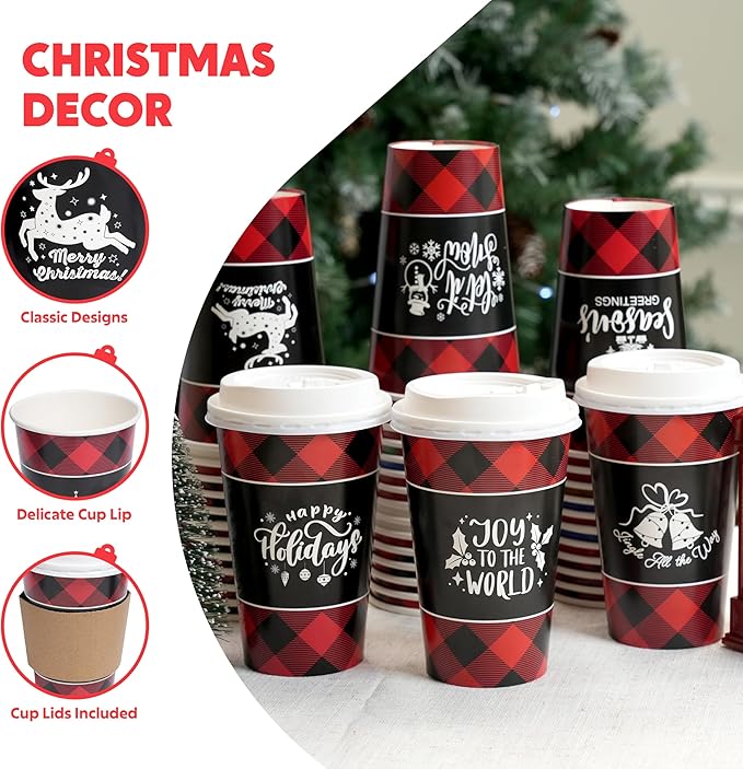 JOYIN 24 PCS Christmas Buffalo Plaid Paper Cups with Sleeves and Lids, 6 Designs 16 oz Xmas Drinkware Coffee Cups for Hot Cocoa Chocolate Cold Beverage Holiday Tableware Winter Party Supplies