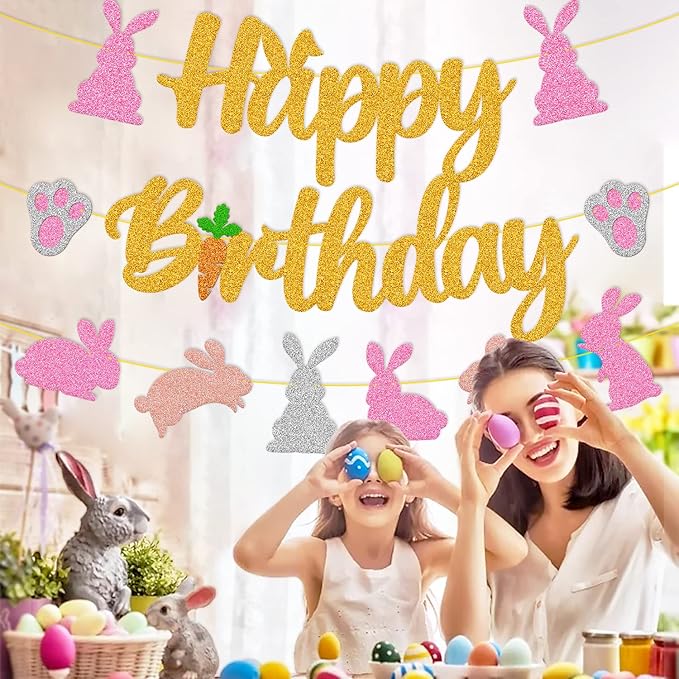 Bunny Birthday Banner Rabbit Bday Party Decorations Bunny Paw Ears Carrot Easter's Day Theme for Kids Boy Girl Baby Shower Party Supplies (Gold)