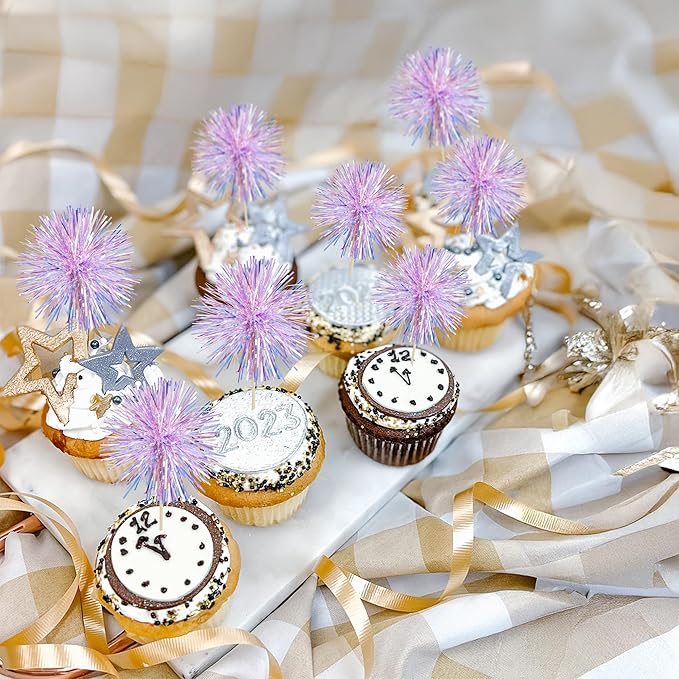 Gyufise 30Pcs Foil Firework Cupcake Toppers Sparkle Tinsel Cake Toppers Tinsel Drink Cake Decoration Cocktail Picks for Birthday Wedding Graduation Party Supplies Laser Purple
