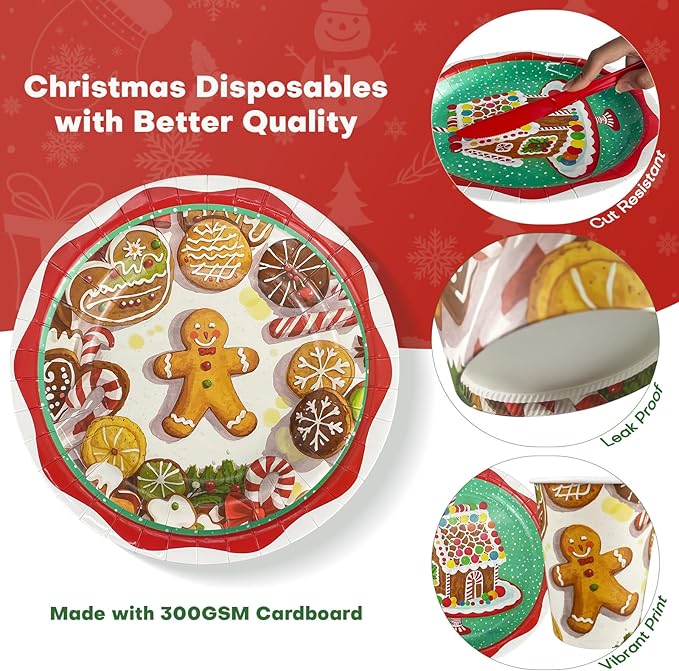 Christmas Dinnerware Sets of Paper Plates, Cups, Napkins & Cutlery for 25 Guests, Gingerbread House Disposable Party Plates,Kids Xmas Holiday Decorations Party Tableware Sets for School Family 175 pcs
