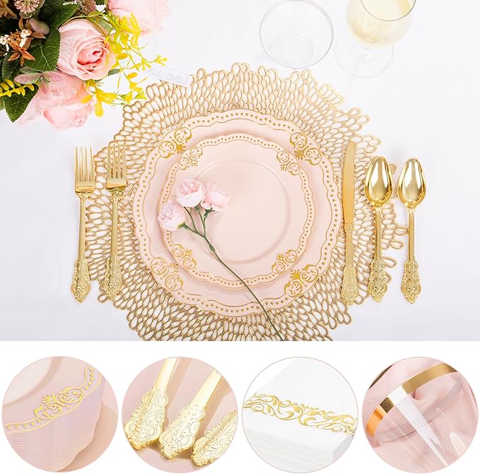 Ciaell 175 PCS Pink and Gold Plastic Plates - Fancy Gold Disposable Dinnerware Set with of 50 Plates, 25 Knives, 25 Forks, 25 Spoons, 25 Cups, 25 Napkins for Party & Weddings