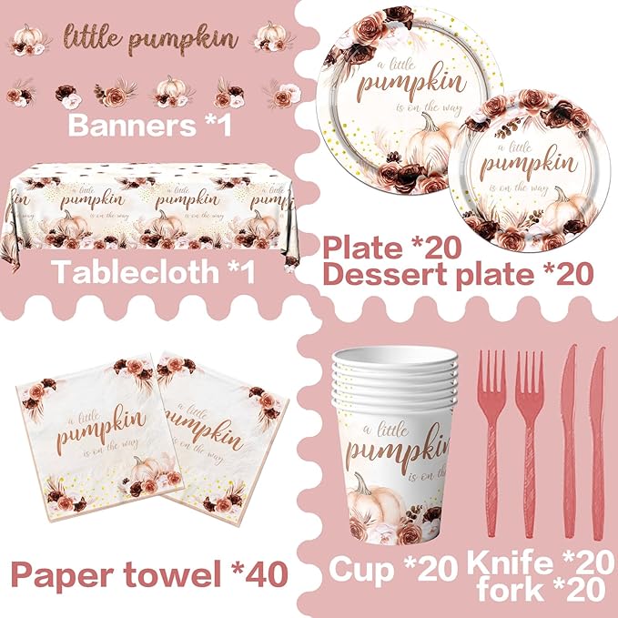 Little Pumpkin Baby Shower Decorations,142PCS Fall Baby Shower Tableware Decorations Include Disposable Little Pumpkin Plates Cups Napkins Tablecloth for Little Pumpkin is On The Way Baby Shower, Boy Girl Little Pumpkin 1st Birthday Party Supplies