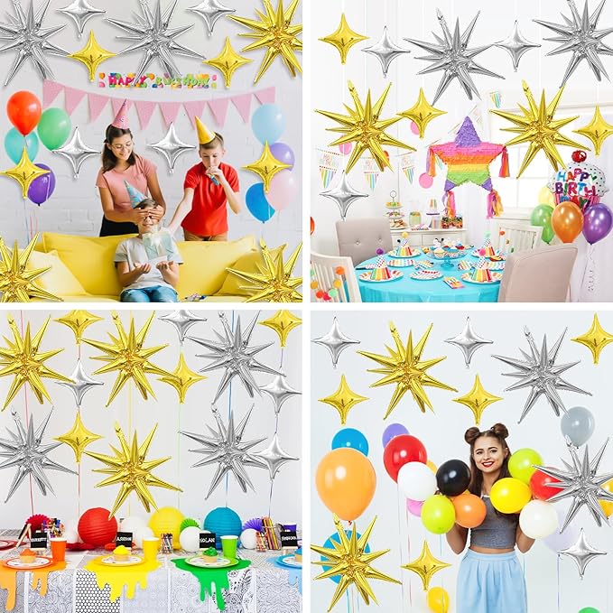 Gold Silver Star Balloons,Explosion Star Balloons Kit with 6Pcs 22Inch Cone Star Foil Balloons and 10Pcs 10Inch Four Pointed Star Balloons for Birthday Anniversary Disco Party Decorations