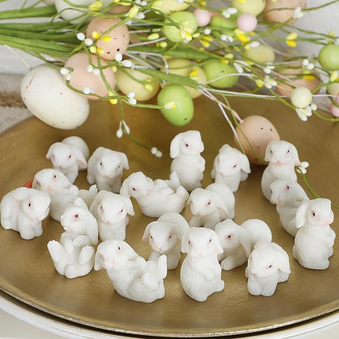 DR.DUDU 24 PCS Mini Bunnies Easter Decor - Mini Resin Animals Rabbits, Miniature Figurines Tiny Animals to Hide, for Easter Egg Filler Stuffers DIY Crafts Fairy Gardens Table Decor (White)