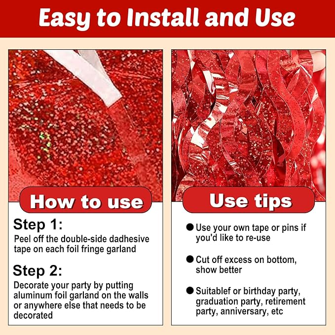 6 Pack 10 Feet Red Wave Foil Fringe Garland Metallic Tinsel Streamers Banner Wall Hanging Curtain Backdrop for Parade Floats, Mother's Day, Easter, Bachelorette, Wedding Party Decoration