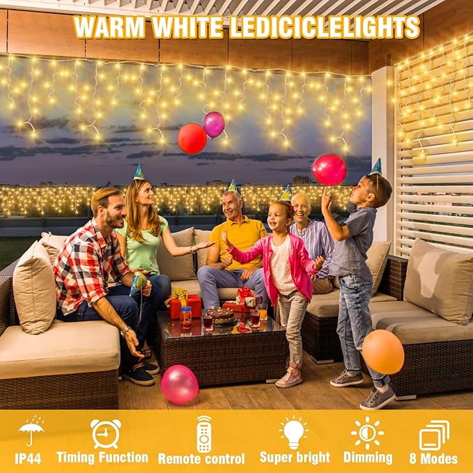 320 LED White Icicle Lights Outdoor Waterproof, 32.8FT Connectable Christmas String Lights with Remote & Timer, 8 Lighting Modes Dimmable Holiday Wedding Party Decorations