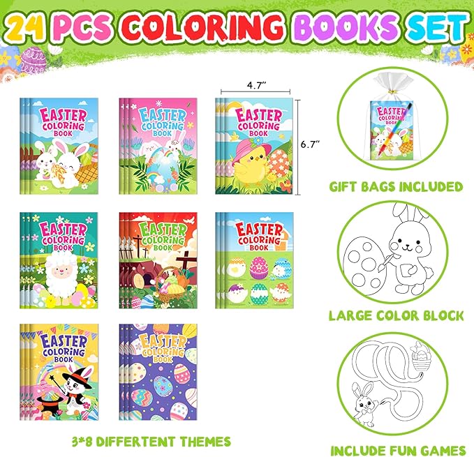 ZMLM 24 Coloring Books for Kids Party Favors: Bulk 24 Crayons Mini Coloring Books for Kids Ages 4-8 Birthday Goodie Bags Stuffers Toddlers Return Gifts Classroom Prizes Teacher Crafts (Easter)