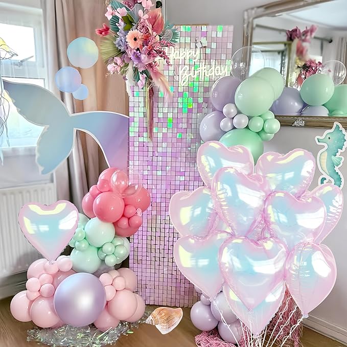 Iridescent Heart Balloons 9PCS 18In Transparent Laser Heart Foil Balloon Large Gradient Crystal Iridescent Colorful Balloon for Birthday Wedding Easter Rainbow Winter Mermaid Fantasy Theme Party Decor