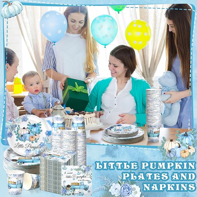 Hsei 250 Pcs a Little Pumpkin Plates and Napkins Party Decorations Disposable Tableware Sets Baby Shower Birthday Party Supplies Serves 50 Guests Dinnerware Baby Bridal Shower Favors