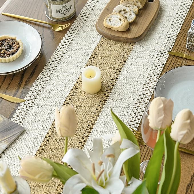 Artoid Mode Burlap Brown Farmhouse Rustic Table Runner, Seasonal Holiday Hollow Kitchen Dining Table Decoration for Home Party Decor 12x90 Inch