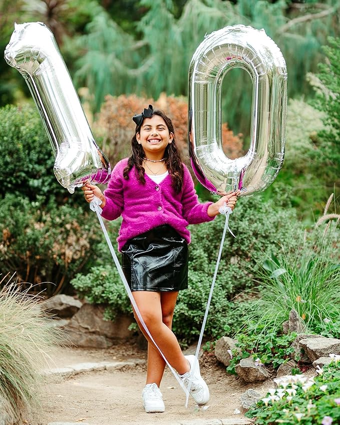10 Balloon Number, Silver Number 10th Birthday Balloons 40 Inch, 10 Years Old Silver Birthday Decorations for Boys Girls, 10th Anniversary Decorations