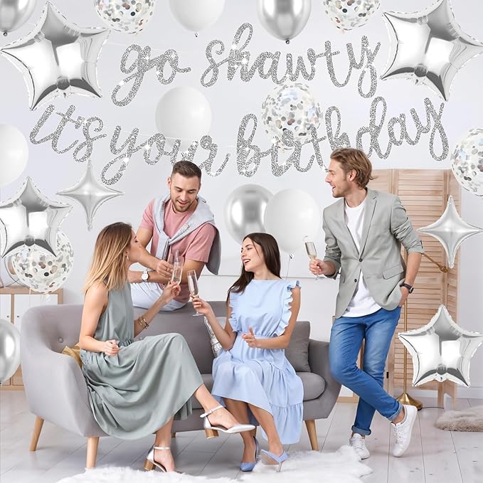 Silver Go Shawty It's Your Birthday Banner Balloons Set, Glitter Happy Birthday Banner with Silver White Confetti Balloon Star Foil Balloon for Man Women Hip Hop Rap Theme Birthday Party Decorations