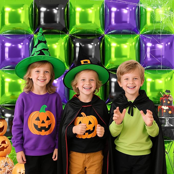 NISOCY 25PCS Green Purple Black Square Foil Balloons Wall Backdrop Metallic Double Sided Light Green Purple Black Balloons Tunnel Arch Kit for Halloween Birthday Graduation New Year Party Decorations