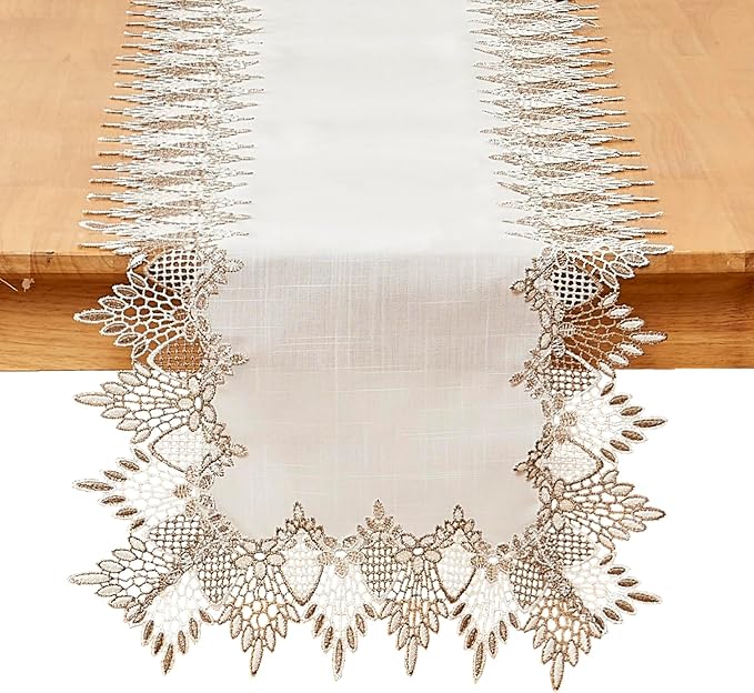 Natural Linen Table Runner 120 inches Neutral Earth Tones Beige Lace Handcrafted Coffee Table Runners Dresser Scarf for Spring Easter Summer Kitchen Wedding Party (16”x120”, White)