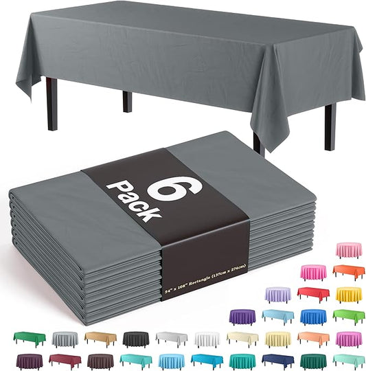 Party Solids 6-Pack Premium Plastic Tablecloth 54in. x 108in. Rectangle Plastic Table Cover - Silver
