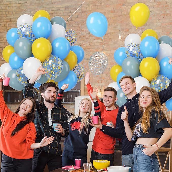 Paready 50pc Blue & Yellow Balloons - 12in Dusty Blue, White & Yellow Latex Balloons with Confetti for Boys Birthday, Baby Shower, Anniversary & Wedding