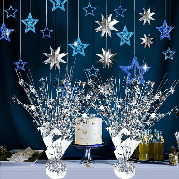 6 Pack Metallic Foil Spray Centerpiece Star Table Decoration Burst Glitter Tabletop Centerpieces for Birthday Christmas New Years Nye Wedding Graduation Holiday Party Supplies Decor, Silver