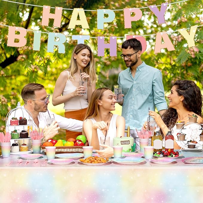 Teling 172 Pcs Rainbow Birthday Decorations, Pastel Rainbow Plates, Birthday Plates and Napkins Serves 24, Disposable Paper Tablecloth Cups Fork Happy Banner for Baby Shower Easter Party Decoration