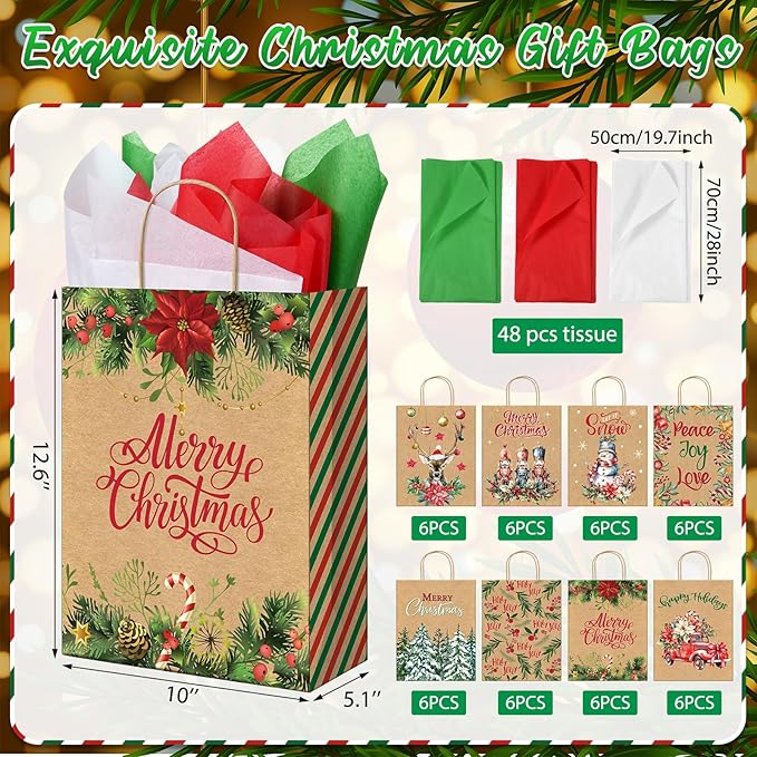 48 Large Christmas Gift Bags with 24 Tissue Paper, 5.1x10x12.6 Inch Bulk Holiday Kraft Paper Bags for Gifts with Handles, 8 Styles Xmas Gift Bags for Wrapping Christmas Holiday Presents Party Favors