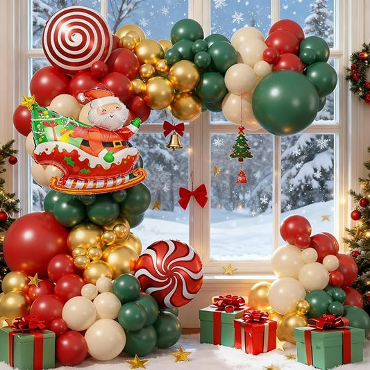 Christmas Balloon Arch Kit, Red Green Nude Metallic Gold Balloons with Santa Candy Lollipop Foil Balloons for Christmas Party Decorations Xmas Eve New Year Holiday Party Supplies