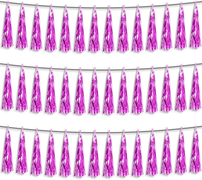 3P Fuchsia Foil Fringe Metallic Tassel Streamers Banner Tassel Garland for Parade Floats, Bachelorette, Wedding, Birthday, Halloween, Christmas, Bridal/Baby Shower Party Decorations