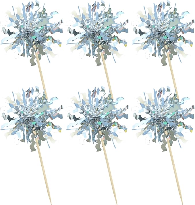 Gyufise 30Pcs Foil Firework Cupcake Toppers Sparkle Tinsel Cake Toppers Tinsel Drink Cake Decoration Cocktail Picks for Birthday Wedding Graduation Party Supplies Silver