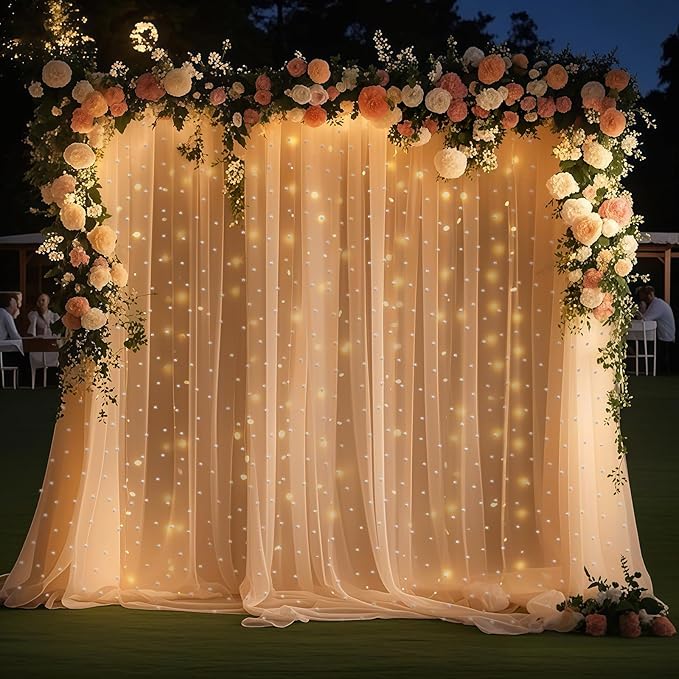10 * 8FT Beige Pearl Tulle Double Layered Backdrop Curtain with Lights String and Lining Fabric for Wedding Baby Shower Birthday Parites Photo Decorations