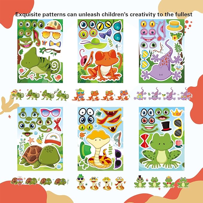 36 PCS Make a face Sticker for Kids Toddlers, Make Your Own Reptile Animal Mix and Match Sticker with Snakes, Lizards, Frogs, Turtles, Kids Party Favor Craft Supplies