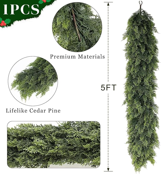5FT Real Touch Cedar Garland for Fireplace - Artificial Christmas Garlands Realistic Faux Greenery Fake Pine Needles Garland for Holiday,Table, Window,Mantel,Stairs, Home,Indoor Outdoor Decor (1PCS)
