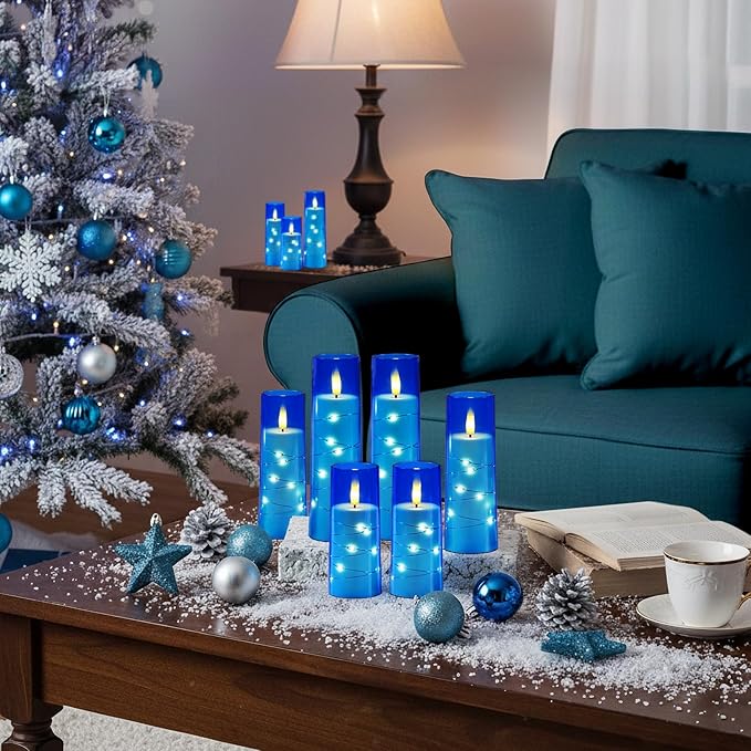 Raycare Flameless Candle with Remote Timer – 9 Flickering Acrylic Battery Operated LED Pillar Candles with Embedded Star String for Christmas, Home Decor, and as a Gift (Blue)