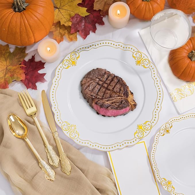 Ciaell 175 PCS White and Gold Plastic Plates - Fancy Gold Disposable Dinnerware Set with of 50 Plastic Plates, 25 Knives, 25 Forks, 25 Spoons, 25 Cups, 25 Napkins for Wedding, Party &Thanksgiving