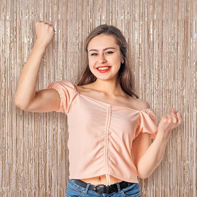 2 Pack Champagne Gold Tinsel Foil Fringe Curtains, Champagne Party Decorations, Metallic Tinsel Party Streamers Backdrop for Birthday Baby Shower Graduation Wedding Party Decorations