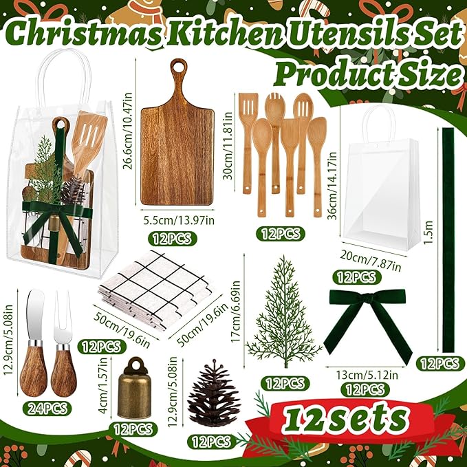 12 Set Christmas Gift Kitchen Utensils Set Acacia Spatula Mini Cheese Board Pine Cones for Christmas Kitchen Holiday Gift Party Decor