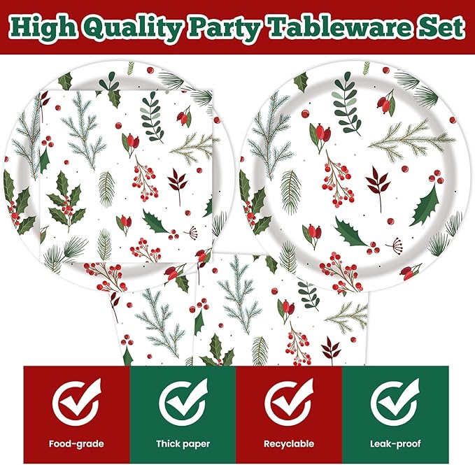 40 Pcs Christmas Plates and Napkins Party Supplies, Disposable Seasonal Holly Paper Plates Napkins Tableware Set for Winter Theme Birthday Holiday Party Decorations Serves 20
