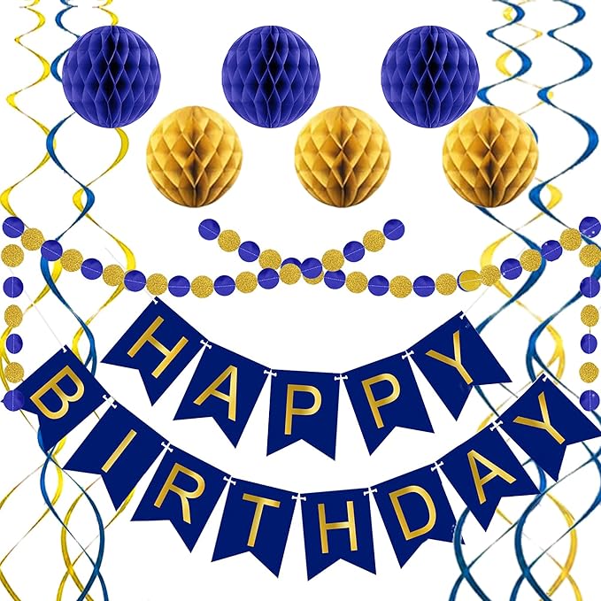 Blue Birthday Decorations, Happy Birthday Banner with Honeycomb Balls, Circle Dot Garland and Hanging Swirl Decorations for Women Men Boys Girls (Blue Gold)