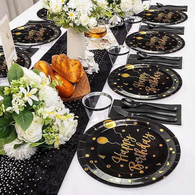 9 Inch Birthday Plates and Napkins, Black and Gold Balloons Dessert plates Disposable Party Supplies 40PCS Cake Paper Plates Tableware for Birthday Party Decorations